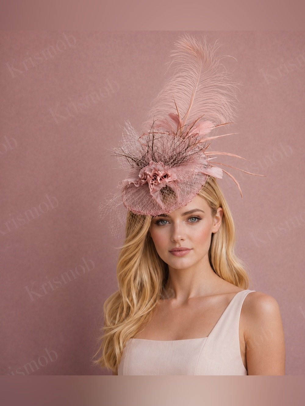 Kentucky Derby Hat Elegant pink Fascinator Floral Feather Accent Tea Party